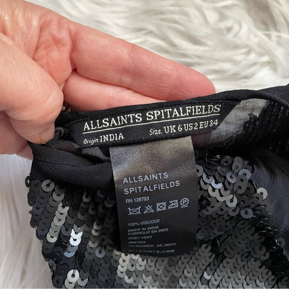 AllSaints Spitalfields Sequin Sheer Raw Hem Black Tank Top Blouse 2 - Picture 8 of 9